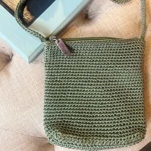 The Sak Olive Crochet Crossbody 7x7 Woven Mini Bag EUC
